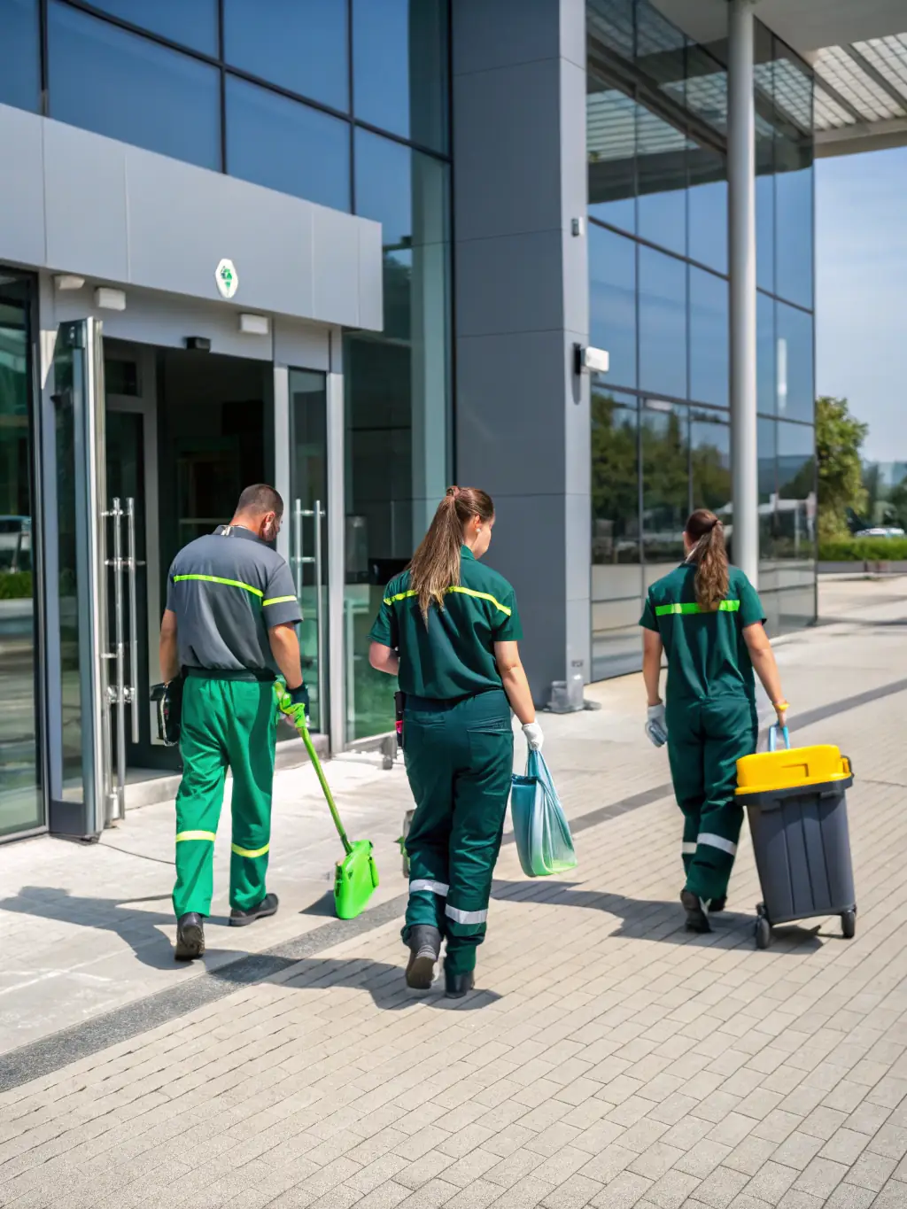 An image showing a Rein Fix Services cleaning team arriving on time and prepared at a client's location.