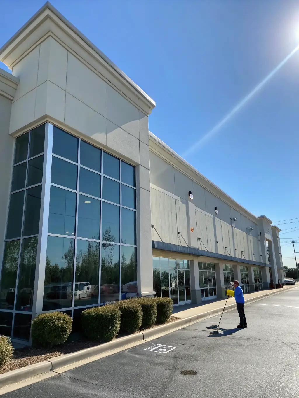 Sparkling clean windows of a commercial building, reflecting the sky, demonstrating Rein Fix Services' window cleaning service.