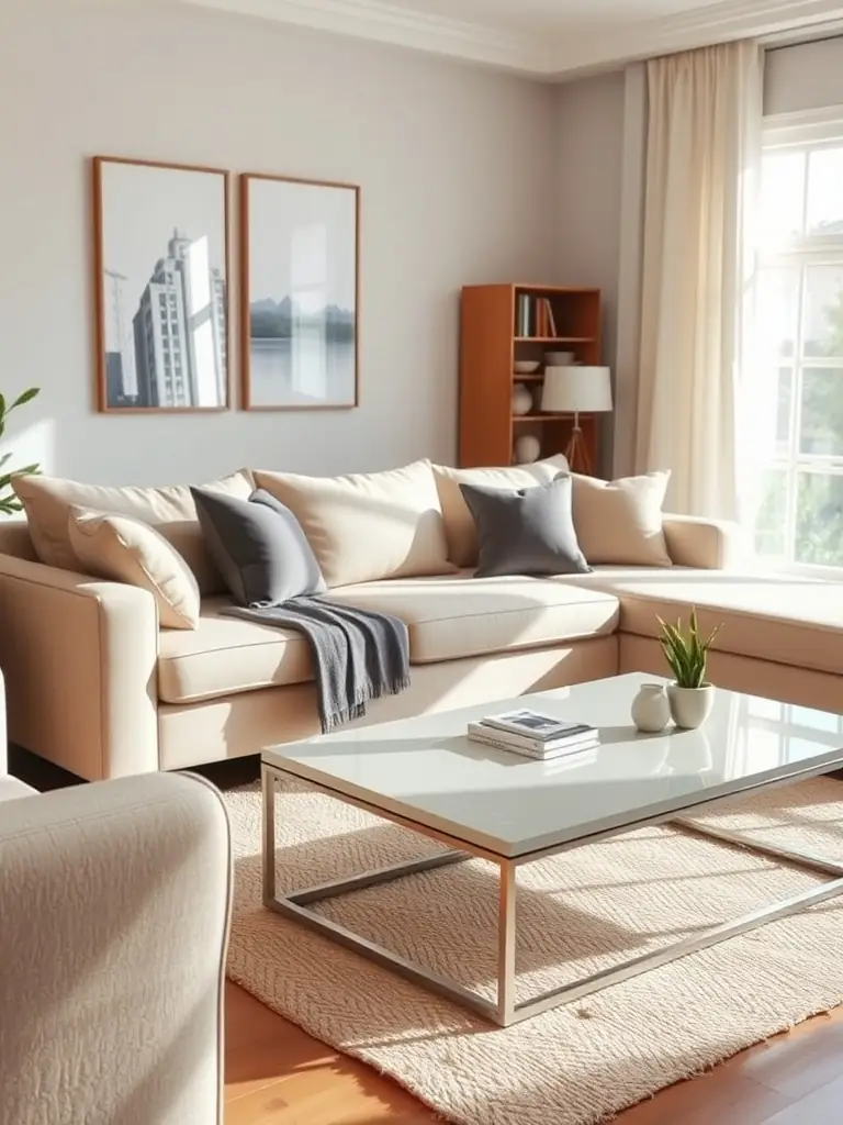A neatly cleaned living room with sunlight streaming through the window, showcasing a dust-free environment, for the room cleaning service.