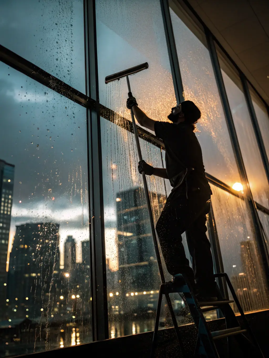 A brightly lit office space being cleaned by a professional cleaner, showcasing a spotless desk and organized environment, emphasizing the cleanliness of 'Office & Practice Cleaning'.