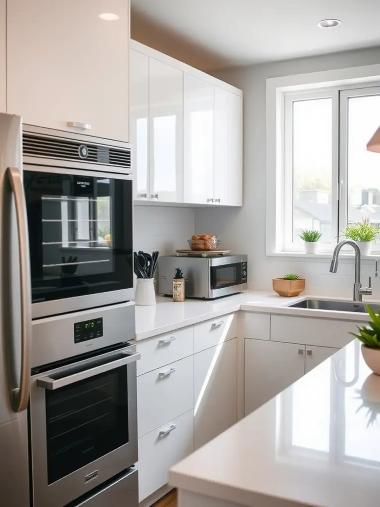 A sparkling clean kitchen with gleaming countertops and spotless appliances, emphasizing hygiene and order, for the kitchen cleaning service.