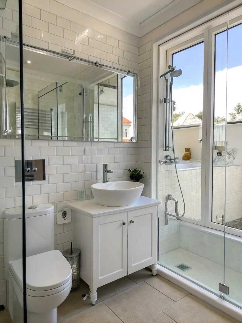 A pristine bathroom with shining tiles and fixtures, highlighting the removal of soap scum and mildew, for the bathroom cleaning service.