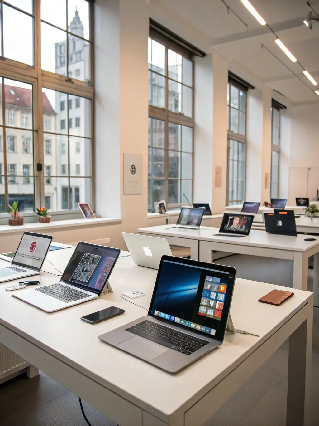 A modern office space with desks, computers, and plants, freshly cleaned and organized, showcasing Rein Fix Services' office cleaning service.