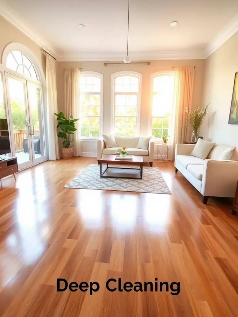 A clean and tidy living room with a vacuum cleaner in the background, showcasing the results of 'Basic Cleaning' services.