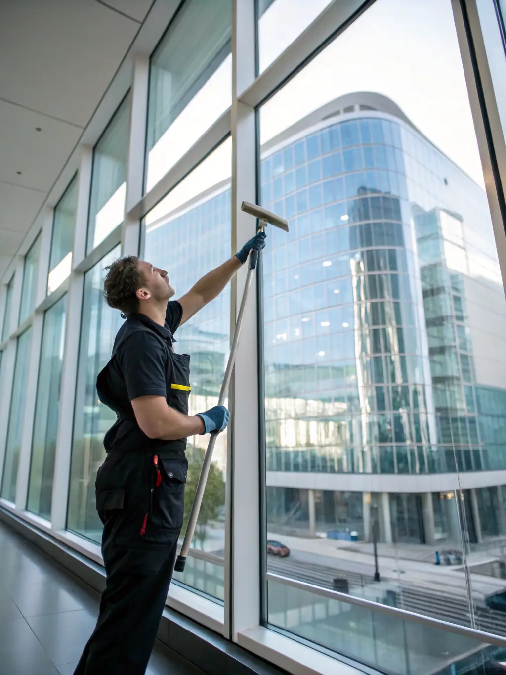 A professional cleaner cleaning large glass windows of an office building, with a clear cityscape visible through the windows, demonstrating the clarity achieved by 'Window Cleaning'.